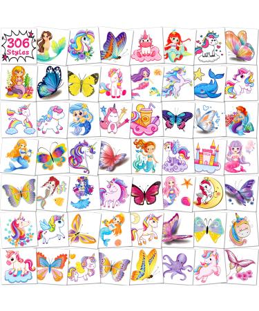 Zayvor 306CT Kids Temporary Tattoo Individually Wrapped Bulk  Butterfly Unicorn Mermaid Tattoos  Birthday Party Favor Supplies  Goodie Bag Filler Stuffers Halloween Christmas Makeup Costume