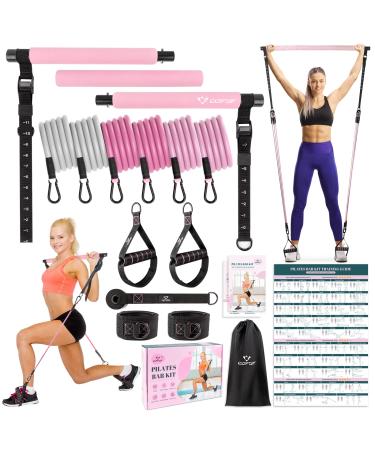 Pilates Bar Kit with Resistance Bands, Multifunctional Yoga Pilates Bar with Heavy-Duty Metal Adjustment Buckle, Portable Home Gym Pilates Resistance Bar Kit for Women Full Body Workouts Pink