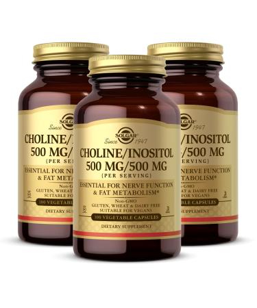 Solgar Choline/Inositol 500 mg/500 mg 100 Vegetable Capsules (Pack of 3) - Energy Metabolism Liver Health Essential for Brain & Nerve Function - Non-GMO Vegan Kosher - 150 Total Servings