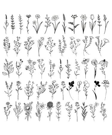 YAKAGO 16 Sheets Black Small Flower Temporary Tattoos For Women Adults Girls   74 Styles Tiny Branch Fake Tattoos For Neck Finger Hand Arm   Floral Bouquet Tattoo Sunflower Dandelion Lily Grass Lavender Rose Temporary Ta...
