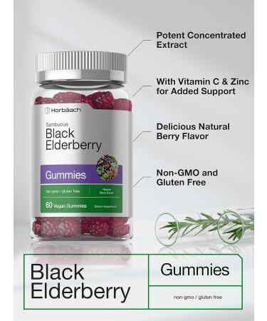 Sambucus Black Elderberry Gummies with Zinc and Vitamin C - 60 Count | Vegan, Non-GMO, Gluten Free Extract for Adults | Natural Berry Flavor by Horbaach - Buy Online on GoSupps.com