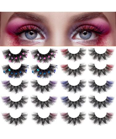 LYroo 10 Pairs Colored Lashes Handmade Faux Mink Lashes Fluffy Butterfly Eyelashes With Color Glitter Eye Lashes Colored Lash Extensions for Cosplay Party Stage