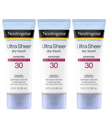 Neutrogena Ultra Sheer Dry-Touch Sunscreen Lotion Broad Spectrum SPF 30 UVA/UVB Protection Oxybenzone-Free Water Resistant Non-Comedogenic Non-Greasy Travel Size 3 fl. oz Pack of 3