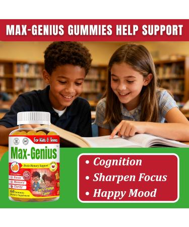Max-Genius Focus Gummies for Kids and Teens Brain Supplements for Memory and Focus Kids Focus and Attention Supplements- Omega 3 DHA - Fish Oil Free Orange Flavor Non-GMO 60 Gummies - Buy Online on GoSupps.com
