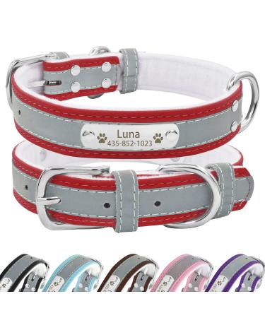 Senristar personalized reflective leather dog collar with warm food individual dog collar with name tape engraved for small medium and large dogs and cats XL (width 3.0 cm neck circumference 45-55 cm) red