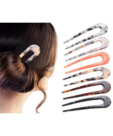 6 Pieces French Style Hair Pins U Shaped Hairpin Cellulose Acetate Tortoise Shell Hair Fork Sticks for Long Hair  2 Prongs Leopard Updo Chignon Pin Hair Accessories for Women Girls (Colorful Patterns)