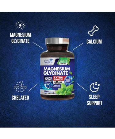 Extra Strength Magnesium Glycinate 425mg with Calcium - 120 Tablets | Bone, Heart & Muscle Health Support | Non-GMO Vegan Gluten Free - Buy Online on GoSupps.com