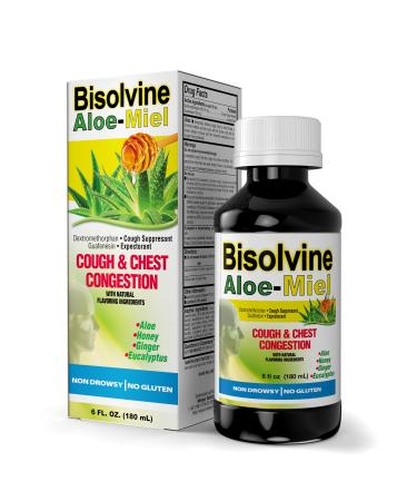 Bisolvine Aloe-Miel Cough Syrup - Effective Cough Suppressant & Expectorant with Guaifenesin & Dextromethorphan for Throat Relief & Mucus Control - Cold & Cough Relief Solution 6 fl oz 1-Pack