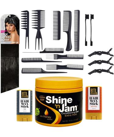 Hair Wax Stick and Edge Control Bundle with AMPRO Shine 'n Jam Extra Hold Conditioning Hair Gel 16oz 2 BTL Hair Wax Sticks 15g Ms. Remi Sapphire Edge Laying Scarf 60"x4" Black UniBeauties 12 PC Comb set -with Edge Brush 3 Alligator Hair Clips - Buy Online on GoSupps.com