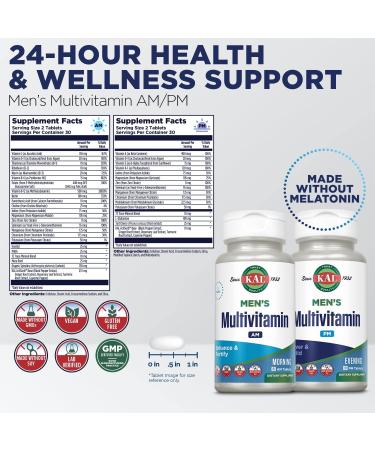 KAL Men's Multivitamin AM/PM Antioxidants Supplement Muscle Immune Electrolyte Balance Overall Wellness Support Made Without GMOs and Soy Vegan 30 Servings 120 Tablets - Buy Online on GoSupps.com