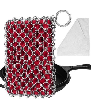 Herda Cast Iron Skillet Cleaner Scrubber, Upgraded Chainmail Scrubber for Cast Iron Pan 316 Chain Pan Pot Scrubber Chain Maille Scrub for Castiron Metal Scrubber Wok Skillet Accessories Cleaning Kit Red