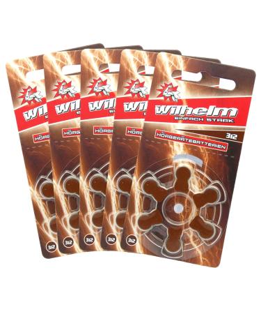 30 x WILHELM hearing aid batteries type 312 brown Hearing aid battery PR41 ZL3 1.4/1.45 V 30 batteries type 312 - brown