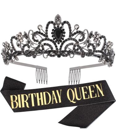 Didder Birthday Crown  Crystal Tiara & Birthday Queen Sash Set  Birthday Tiara Birthday Queen 20 Black