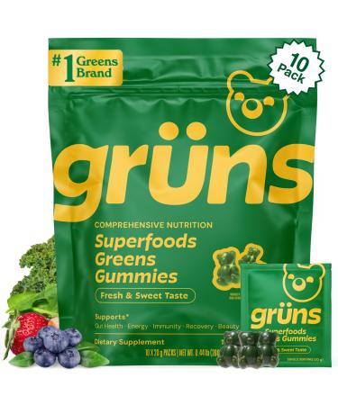 Gruns Adults Super Greens Gummies, Multivitamin Superfood Gummy Bears, Spirulina, Chlorella, Prebiotics & Fiber Gummies for Digestive Health, Adaptogens Supplement, 20 Vitamins & Minerals, 10 Count Low Sugar