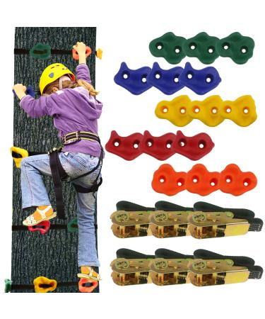 Ogrmar 15 Packs Ninja Tree Rock Climbing Holds Kits with 6 Ratchet Straps for Kids & Adults Outdoor Backyard Ninja Tree Warrior Obstacle Course Training