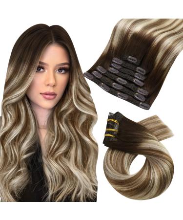 Moresoo Clip in Hair Extensions Real Human Hair Brown and Blonde Balayage Hair Extensions Clip in 18 Inch Ombre Clip in Human Hair Extensions 7 Pieces/120g #4/6/613 45 cm #4/6/613