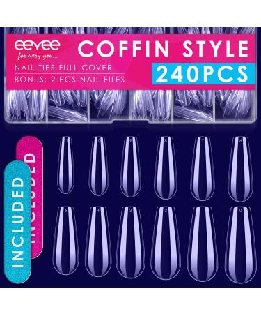 240 PCs Clear Acrylic Nails Tips - False Coffin Full Cover Nails Tips - Fake Acrylic Press on Nails Tips - Clear Full Cover Nail Tips for Acrylic Nails Set - Clear Coffin Press on Artificial Nails COFFIN 240