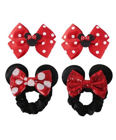 4PCS Mouse Ear Scrunchies & Mouse Ears Hair Bow Clips Red Polka Dot Hair Ties for Girls Women Costume Accessories Birthday Party Decorations
