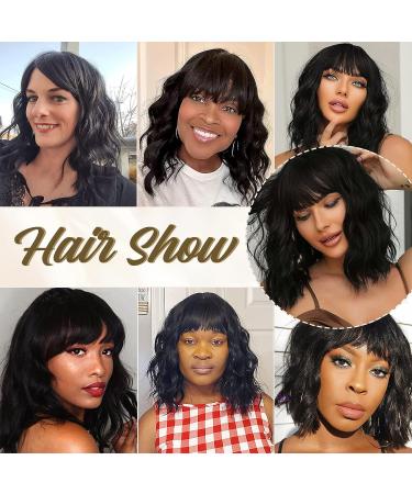 CAIXIU HAIR Short Black Bob Wig with Bangs - 14 Inch Natural Wavy Hair for Women - Perfect for Daily Wear, Parties, and Cosplay - Buy Online on GoSupps.com