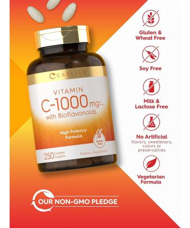Carlyle Vitamin C 1000mg | with Rose Hips and Citrus Bioflavonoids | 250 Caplets | Vegetarian Non-GMO Gluten Free Supplement - Buy Online on GoSupps.com