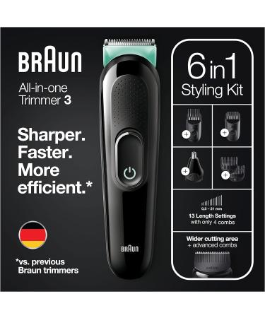 Braun 6-in-1 All-In-One Series 3 Male Grooming Kit with Beard Trimmer and Hair Clippers - Gifts for Men UK - MGK3221 Black/Volt Green - Buy Online on GoSupps.com