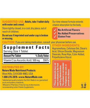 Nature Made Vitamin C 500mg with Rose Hips | Immune Support Dietary Supplement | 60 Time Release Tablets | 60 Day Supply - Buy Online on GoSupps.com