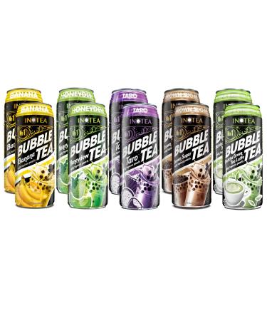 (Pack of 10) INOTEA Bubble Tea Variety Pack with ATIUS Thank You Card. Milk Tea with Boba Pearls in a Can (16.6oz/can). Assorted Flavors - 2 Cans of Each 5 Flavors (Brown Sugar, Taro, Matcha, Banana, Honeydew). Straws Included.