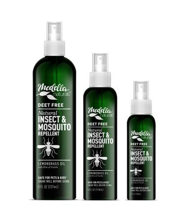 Medella Naturals Insect & Mosquito Repellent, DEET-Free Natural Formula, Kid and Pet Friendly, Made in The USA, Travel 3-Pack, 2 oz., 4 oz., and 8 oz. Bottles