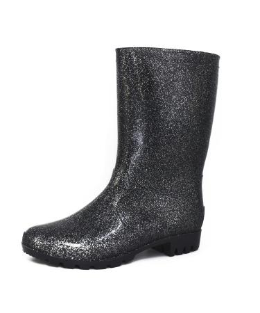 DaeRainy Rain Boots for Women, Black Waterproof Mid Calf, Non Slip Garden Shoes 8.5 Glitter