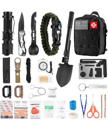 Emergency Survival Kit First Aid Kit, 121Pcs Tactical Gear Camping Gear Emergency Supplies with MOLLE Pouch, Stocking Stuffers for Men Camping Hiking Hunting Outdoor Adventure