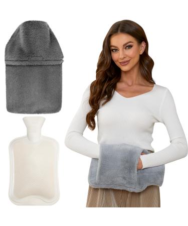 Hot Water Bottle with Cover 2L Large Hot Water Bottle Bag with Hand Pocket Warmer Soft Fleece Cover Rubber Hot Water Bottle with Grey Cover for Back Neck Shoulder and Period Pain Relief Grey Hot Water Bottle with Grey Hands Cover