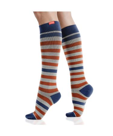 VIM & VIGR Cotton 15-20 mmHg Graduated Compression Socks for Women & Men (Oat & Orange Thick Stripe Small/Medium Wide Calf (4))