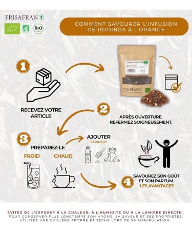 FRISAFRAN | Infusion Rooibos Orange Bio en vrac 200g | Exp rience sensorielle | Saveur unique | Th rooibos | Sans caf ine | Nutritif | Hydratant | Agriculture durable | d sintoxication | sans th ine Orange 200g - Buy Online on GoSupps.com