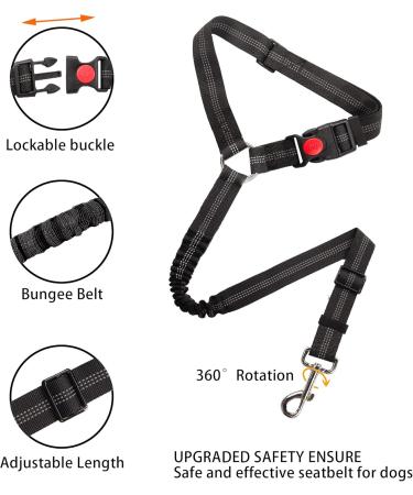 Adjustable Safety Harness for Dogs | Heavy Duty Nylon with 360 Rotary Carabiner & Elastic Buffer - Headrest Style (Black) - Buy Online on GoSupps.com