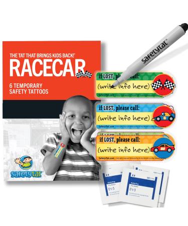 Racecar 6pk SafetyTat Child ID Tattoos includes skin prep wipes and tattoo marking pen