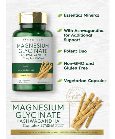 Carlyle Magnesium Glycinate with Ashwagandha | 120 Vegetarian Capsules | Potent Duo | Non-GMO and Gluten Free Supplement - Buy Online on GoSupps.com