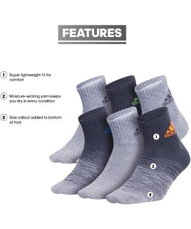 adidas Boys' Youth Superlite Badge of Sport 6-Pack Quarter Socks - Onix Grey/Grey/Signal Orange - Large - Buy Online on GoSupps.com