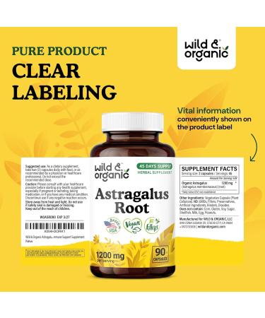 Wild & Organic Astragalus Capsules 1200 mg - Immune Support - Astragalus Root Powder Supplement - 45 Days of Supply - Vegan No Fillers Non-GMO - 90 Count 90 Count (Pack of 1) - Buy Online on GoSupps.com