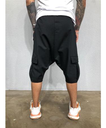 Men's Black Drop Crotch Hippie Shorts - XX-Large | Elastic Drawstring Harem Pants for Yoga Genie Boho Style - Buy Online on GoSupps.com
