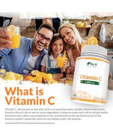 Vitamin C 1000mg - 180 Vegan Tablets - 6 Month Supply - High Strength Ascorbic Acid - Supports Immune System Energy & Collagen Formation - Nu U Nutrition - Buy Online on GoSupps.com