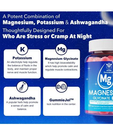 High Absorption Sugar-Free Magnesium Glycinate Gummies 420mg Supplement with Potassium, D3 & Ashwagandha - Vegan Chewables for Calm Sleep & Muscle Cramp Support - Buy Online on GoSupps.com