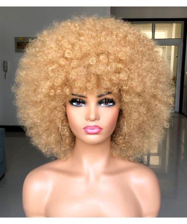 HIHOO Short Afro Wig with Bangs for Black Women Afro Kinky Curly Wig 70s Premium Synthetic Big Afro Wig(Blonde)