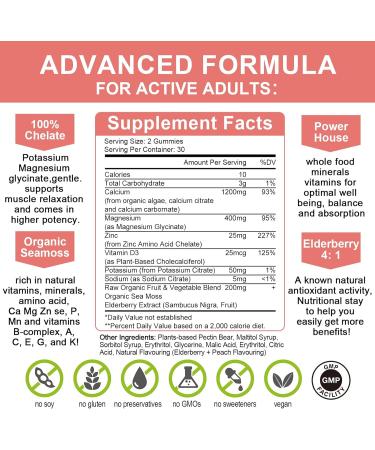 Plan Calcium Gummies with D3,Zinc - Plant Complex Calcium Magnesium Supplement with Glycinate,Potassium,Vitamin C &Whole Natural Food for Bone & Immune Support- 120 Chewable Gummy Sugar-Free Peach 2 Pack - Buy Online on GoSupps.com