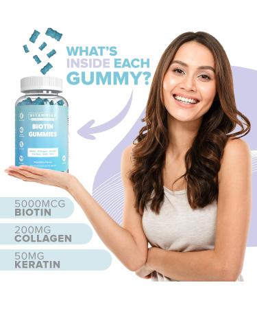 Vitammies Biotin Gummies 5000mcg for Hair Skin and Nails - 60 Gummies | Multivitamin for Women with Biotin, Keratin & Fish Collagen | Non Vegan, Anti-Aging, Gluten-Free, Plant-Based - Buy Online on GoSupps.com