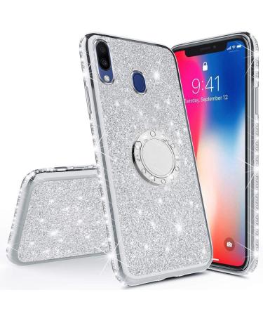 Uposao compatible with Samsung Galaxy M20 mobile phone case with 360 degrees ring stand glitter bling rhinestone diamond girls TPU silicone clear shell protective cover.