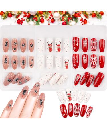 72 Pieces Long Christmas False Nails Press on Nails Coffin Christmas Nails Love Stars Snowflakes Christmas Tree Elk Stick on Manicure for Women Girls Nail Decoration Green