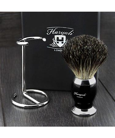 Premium Black Badger Hair Men's Shaving Brush with Stylish Black & Metal Handle and Chrome Stand - Perfect for Luxury Grooming - Buy Online on GoSupps.com
