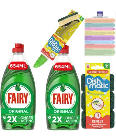 Washing Up Liquid Bundle with Fairy Liquid 654ml x2 Dishmatic Washing Up Sponge With Liquid Handle and Dishmatic Refill Sponges with Indigo Leopard Ultimate DIshwashing Tip Sheet - Buy Online on GoSupps.com