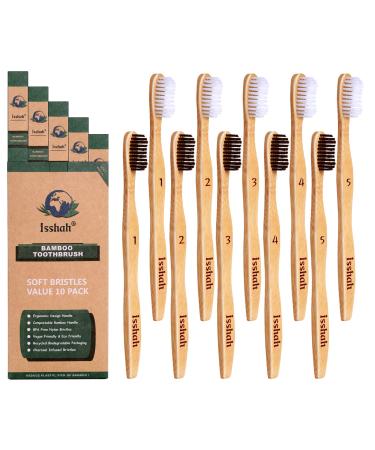 Isshah Soft Bristles Bamboo Toothbrushes Black and White Pack of 10