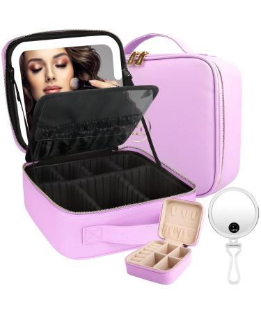 MOMIRA Travel Cosmetic Train Case with Lighted Mirror 3 Color Scenarios Cosmetic Bag Organizer with Adjustable Dividers Makeup Storage for Women Makeup Accessories & Tools Case Purple Purple&Suit